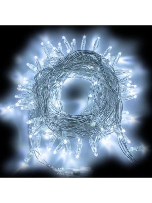 Catena luminosa 10 m, 96 Maxiled luce fissa, prolungabile, SENZA alimentazione, cavo trasparente, bianco ghiaccio