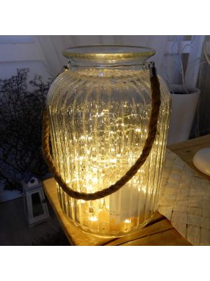 Vaso di vetro Athena con manico in corda naturale - 120 microled - bianco classic