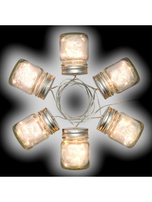 Catena a batteria 1,5 m - decorazione 6 vasetti di vetro 30 microled luce fissa o flashing - bianco ghiaccio