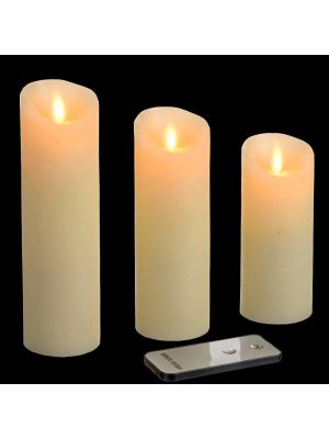 Set 3 Candele Ø 5,2 cm in cera ruvida con telecomando, effetto fiamma, led bianco classic a batteria