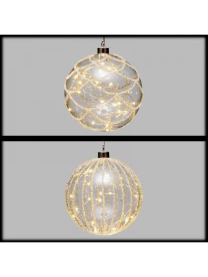 Mix 2 sfere luminose in vetro trasparente decorato, a batteria, luce bianco caldo 