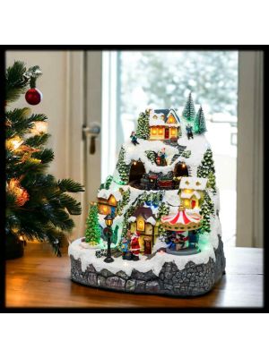 Villaggio di Natale|Paesaggio Innevato con trenino, Babbo Natale e musica, h 31cm