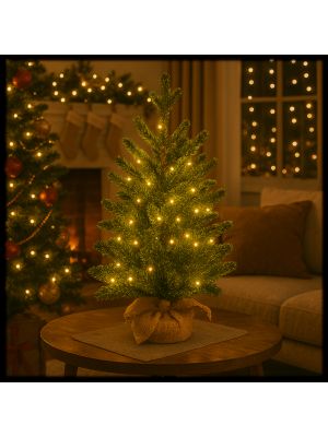 Mini albero con base in juta, 60 cm, in finto pino, 90 miniled bianco caldo 
