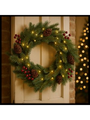 Ghirlanda in finto pino verde, Ø 40 cm, 50 led bianco caldo, a batteria