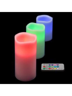 Set 3 candele led RGB cera bianca Ø7,5cm, telecomando effetto fiamma