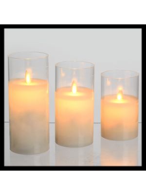 Set 3 Candele Ø 7,5 cm in cera con vetro, effetto fiamma, led bianco classic a batterie