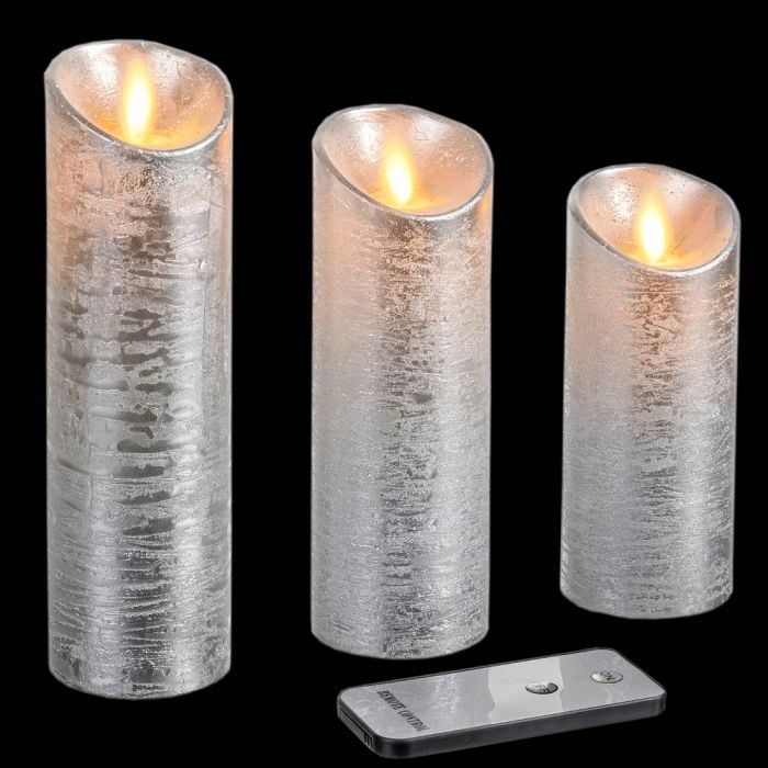 Set 3 Candele Ø 5,2 cm in cera Argento con telecomando, moving flame, led  bianco classic