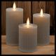 Set 3 candele in cera grigio marrone taupe a coste, con moving flame, bianco caldo